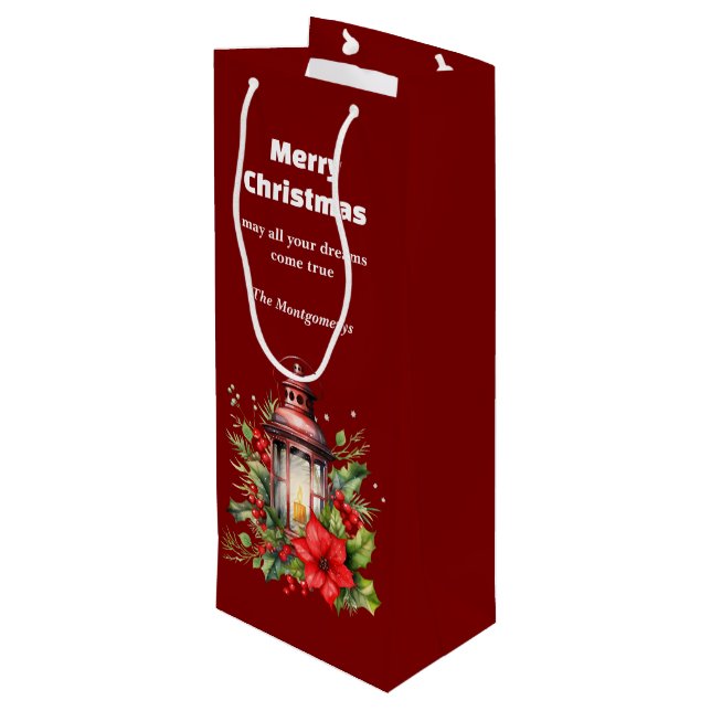 Red Christmas Lantern Poinsettia and Pine Wine Gift Bag (Back Angled)