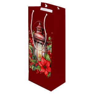 Red Christmas Lantern Poinsettia and Pine Wine Gift Bag