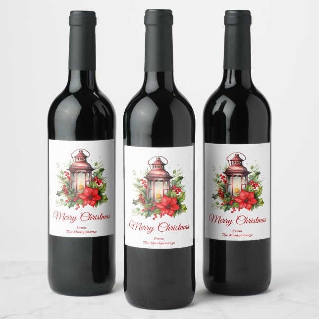 Red Christmas Lantern Poinsettia and Pine Wine Label (Bottles)