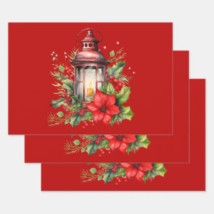 Red Christmas Lantern Poinsettia and Pine Wrapping Paper Sheet