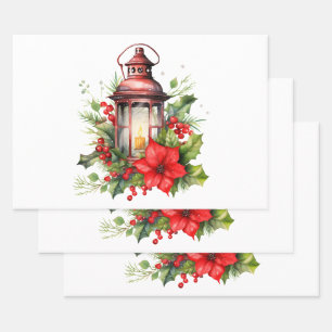 Red Christmas Lantern Poinsettia and Pine Wrapping Paper Sheet