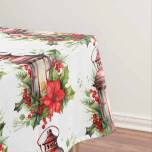 Red Christmas Lantern Poinsettia Pattern Tablecloth