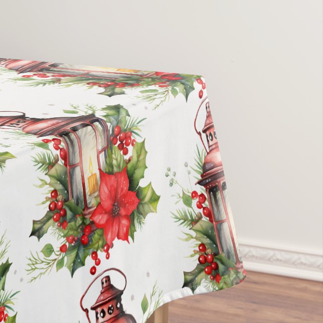 Red Christmas Lantern Poinsettia Pattern Tablecloth (In Situ)