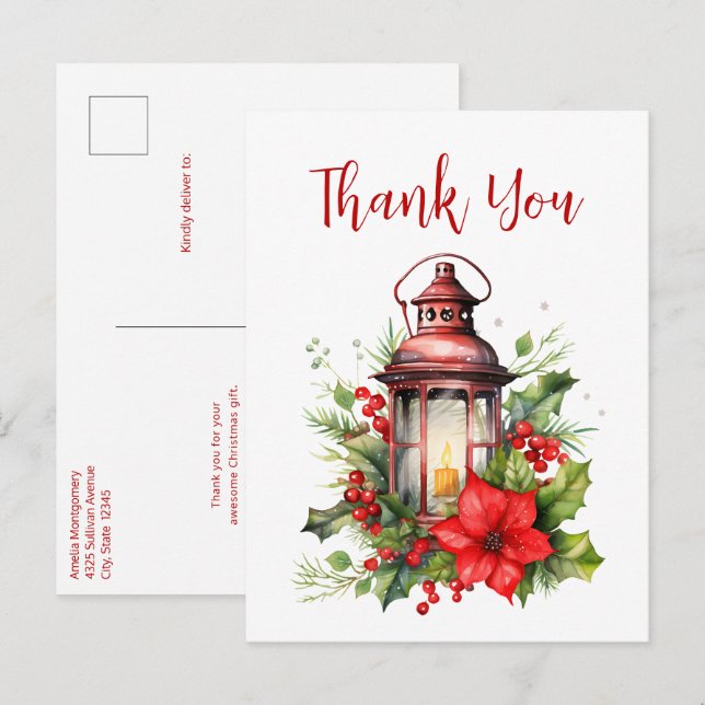 Red Christmas Lantern Poinsettia Thank You Postcard (Front/Back)