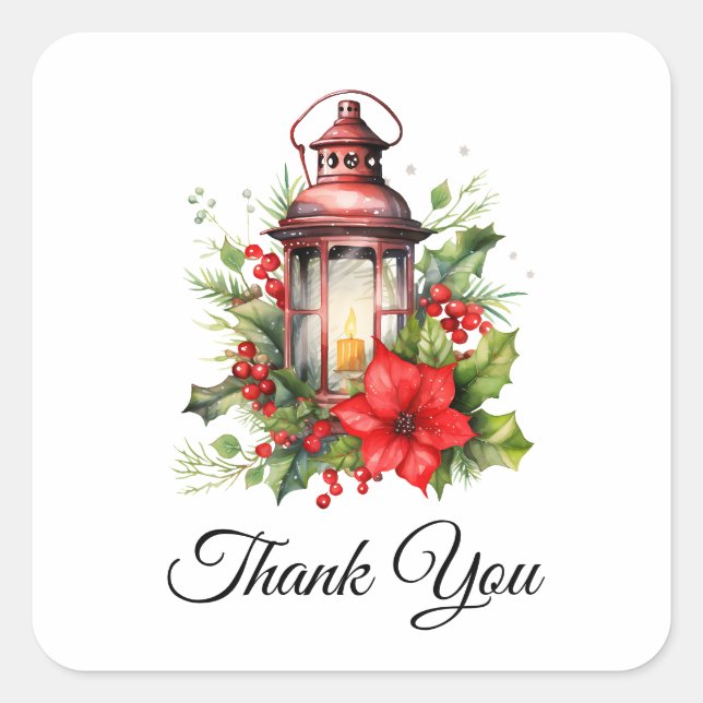 Red Christmas Lantern Poinsettia Thank You Square Sticker (Front)