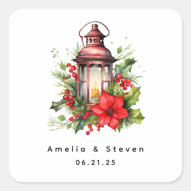 Red Christmas Lantern Poinsettia - Wedding Square Sticker (Front)