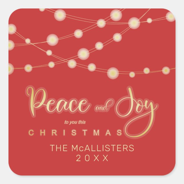 Red Christmas Light Peace & Joy Whimsical Script Square Sticker (Front)