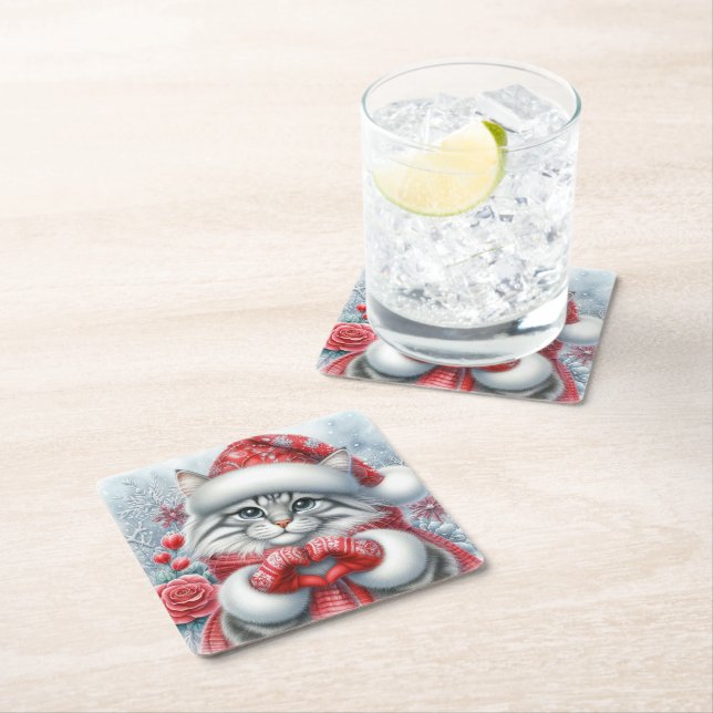 Red Christmas Love Square Paper Coaster (Insitu)