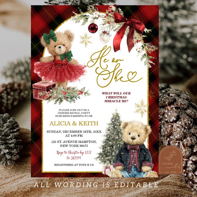 Red Christmas Luxury Bear Gender Reveal Invitation (Creator Uploaded)