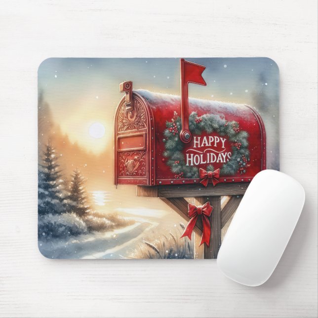 Red Christmas Mailbox In Snow Mouse Mat (With Mouse)