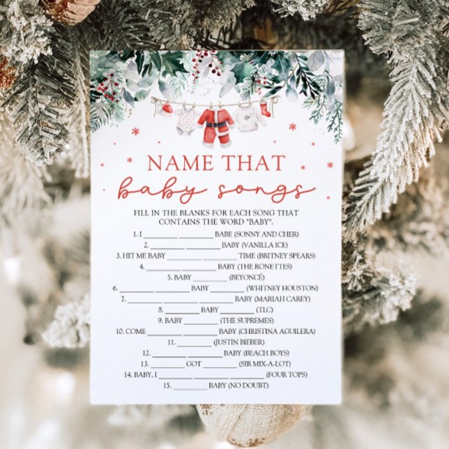 Red Christmas Name That Baby Song Baby Shower Game Invitation (Watercolor Cute Red Christmas Santa Name That Baby Song Baby Shower Game)