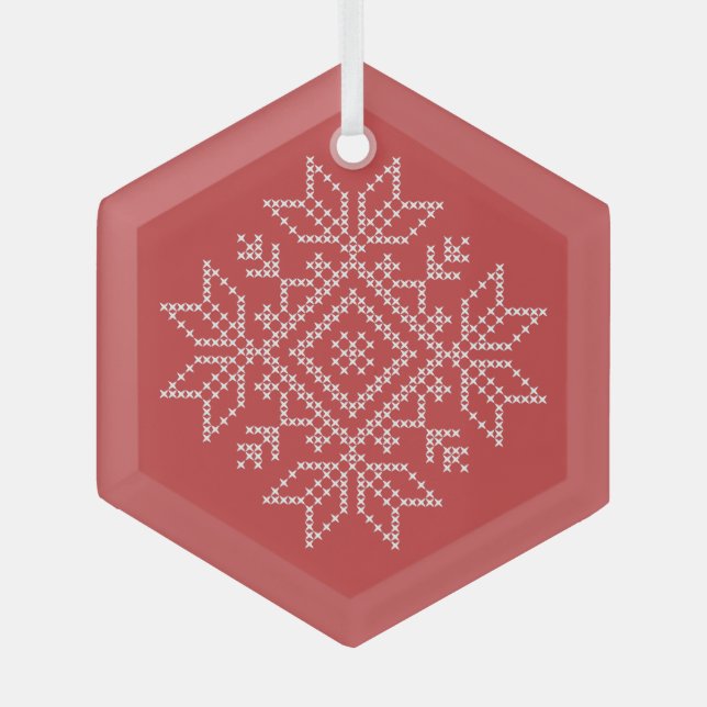 Red christmas nordic snowflake art seasonal  glass tree decoration (Front)