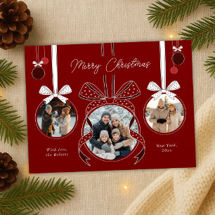 Red Christmas Ornament Ball Ribbon Three Photos Postcard