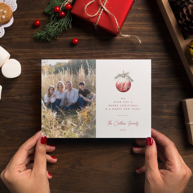 Red Christmas Ornament Holiday Photo Card (Creator Uploaded)