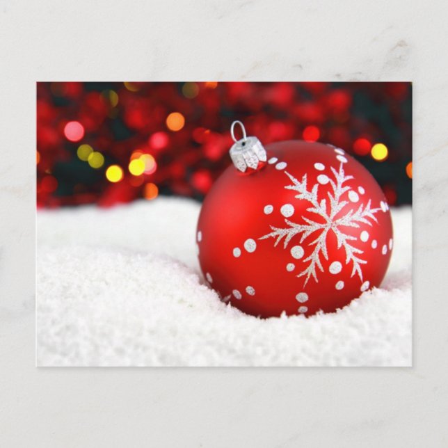 Red Christmas Ornament in Snow Postcard (Front)
