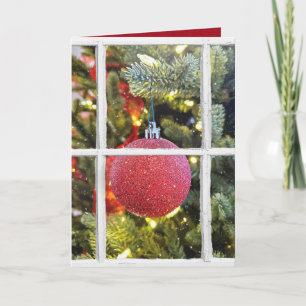 red Christmas ornament in snowy window Holiday Card