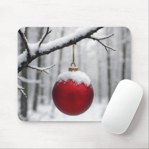 Red Christmas Ornament On Snowy Branch Mouse Mat