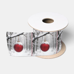 Red Christmas Ornament On Snowy Branch Satin Ribbon
