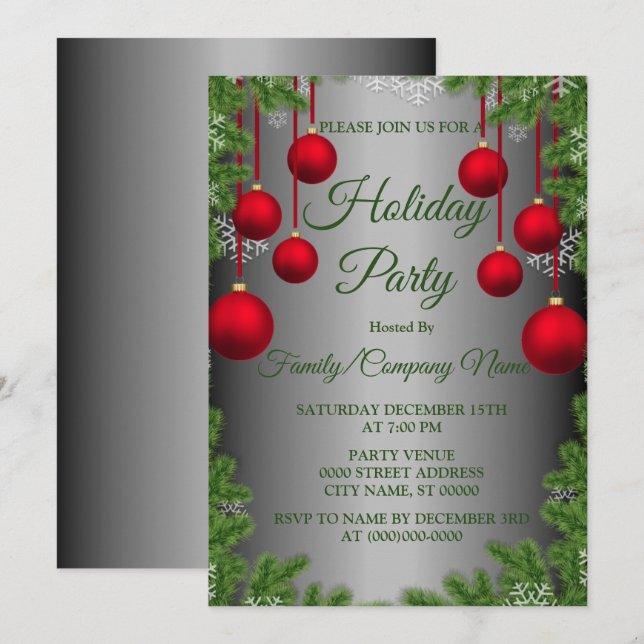 Red Christmas Ornaments Green Holidays Party Invitation (Front/Back)