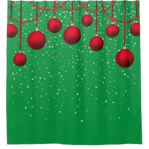 Red Christmas Ornaments on Green Shower Curtain