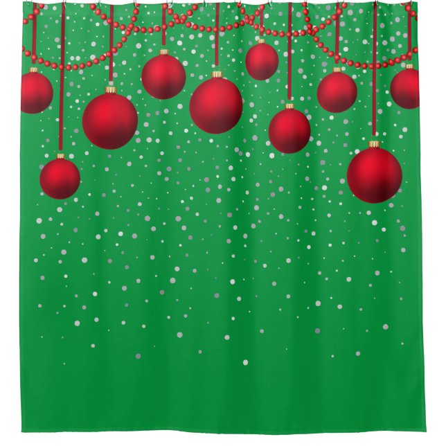 Red Christmas Ornaments on Green  Shower Curtain (Front)