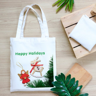Red Christmas Ornaments on White Tote Bags