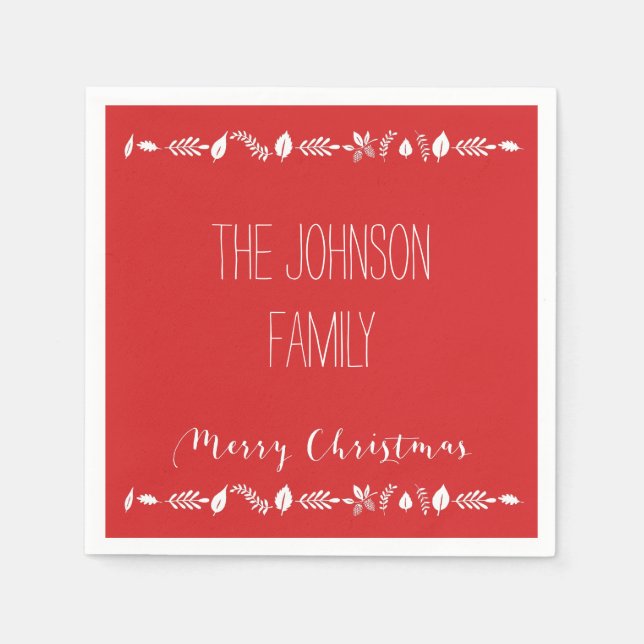 Red Christmas Paper Napkins With White Leaves (Front)