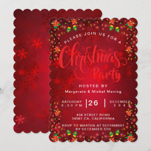 Red CHRISTMAS PARTY gold Snowflakes Tree Sparkle Invitation