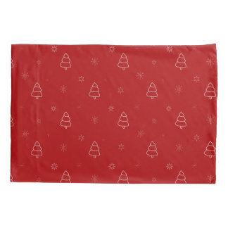 Red Christmas Pattern.Festive Trees and Snowflakes Pillowcase