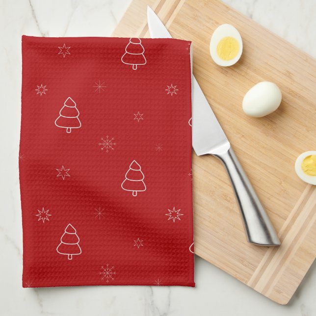 Red Christmas Pattern.Festive Trees and Snowflakes Tea Towel (Quarter Fold)