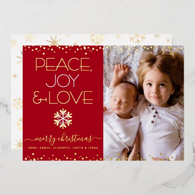 Red Christmas Peace Joy Love Photo Real Gold Foil Holiday Card (Front/Back)