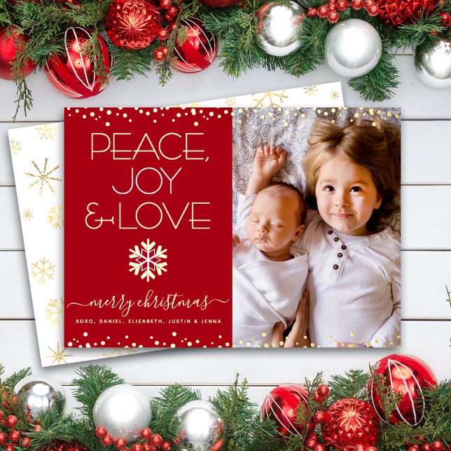 Red Christmas Peace Joy Love Photo Real Gold Foil Holiday Card (Creator Uploaded)