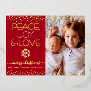Red Christmas Peace Joy Love Photo Real Gold Foil Holiday Postcard