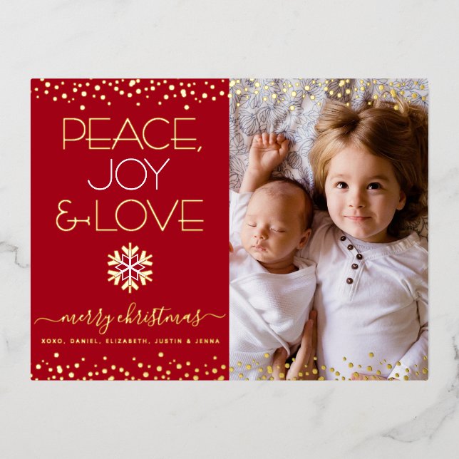 Red Christmas Peace Joy Love Photo Real Gold Foil Holiday Postcard (Front)