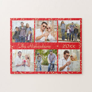 Red Christmas Personalised 6 Photo Collage Jigsaw Puzzle