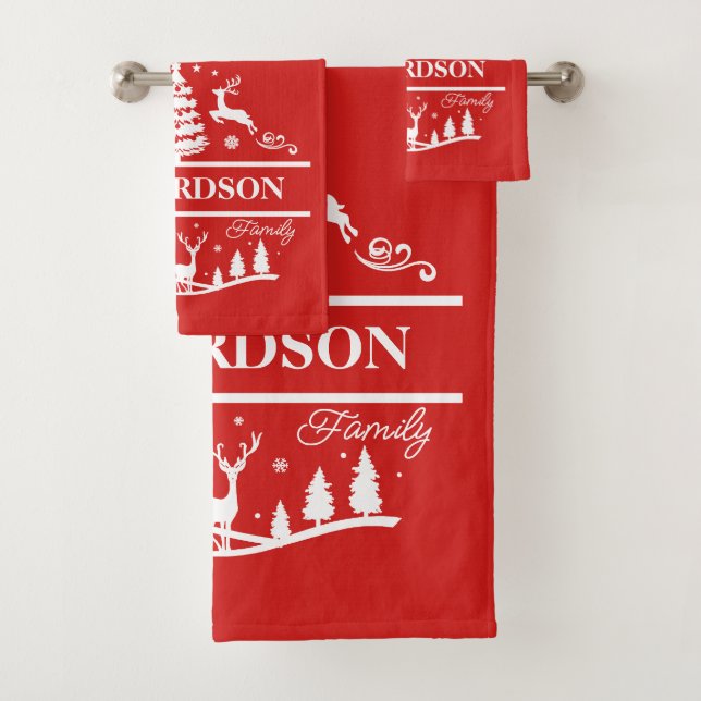 Red Christmas Personalised Family Name | Holiday Bath Towel Set (Insitu)