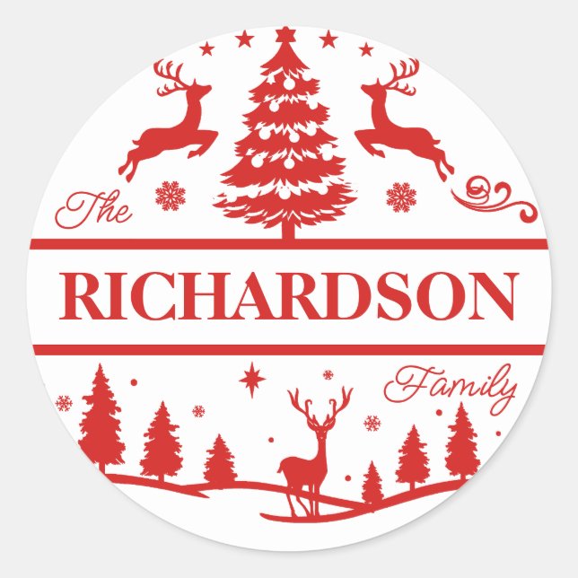 Red Christmas Personalised Family Name | Holiday Classic Round Sticker (Front)