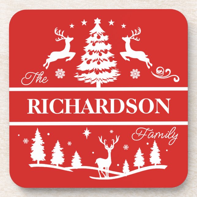 Red Christmas Personalised Family Name | Holiday Coaster (Front)