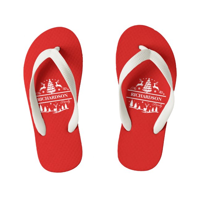 Red Christmas Personalised Family Name | Holiday Kid's Flip Flops (Footbed)