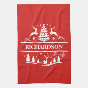 Red Christmas Personalised Family Name   Holiday Tea Towel