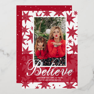 Red Christmas Photo Believe Foil Holiday Card
