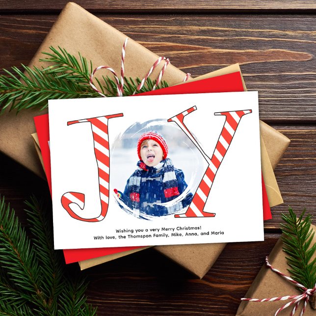 Red Christmas Photo Collage Joy Typography Holiday Card (Candy cane "joy" typography holiday photo card. )