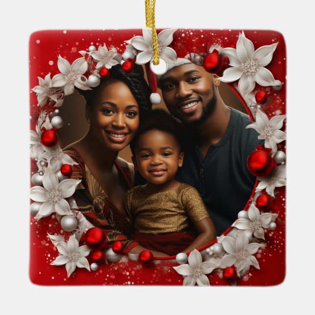Red Christmas Photo frame Ceramic Ornament (Front)