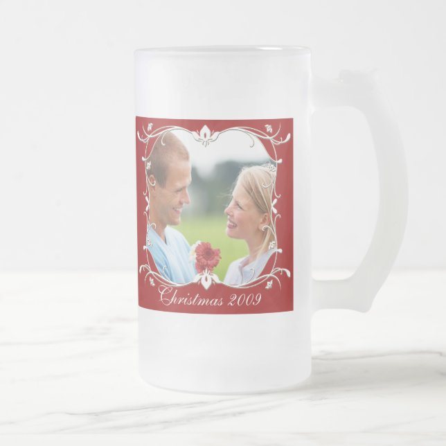 Red Christmas Photo Frosted Mug Wth Green Border (Right)