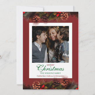 Red Christmas Photo Greeting with Pine Bows Holiday Card