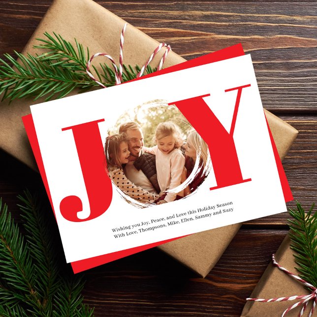 Red Christmas Photo Joy Typography Holiday Card (Joy typography photo template greeting card. )