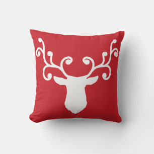 Red Christmas Pillow with White Deer and Antlers