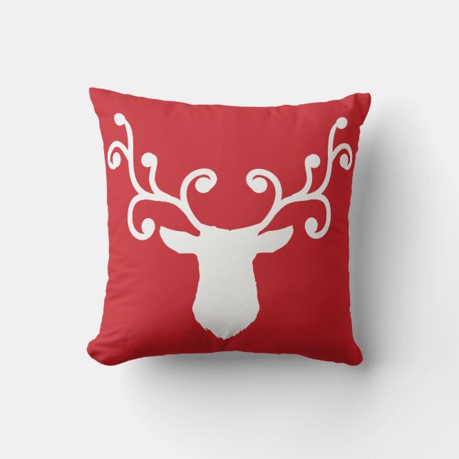 Red Christmas Pillow with White Deer and Antlers (Front)