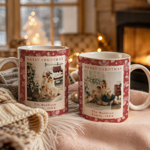 Red Christmas Pine & Leaves Pattern Family Photos Coffee Mug