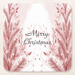 Red Christmas Pine Tree Snow Decoration Beautiful Square Paper Coaster